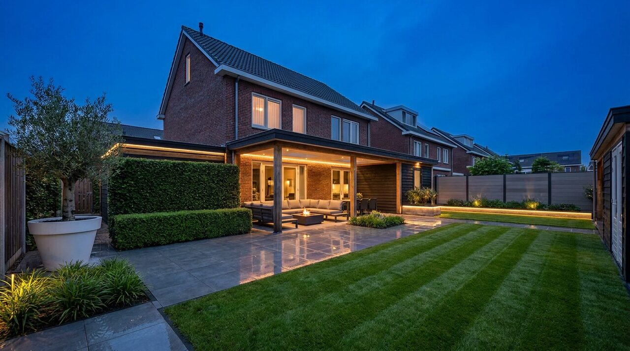 Achtertuin in het blauwe uur met verlichte veranda, loungeset en gestreept gazon